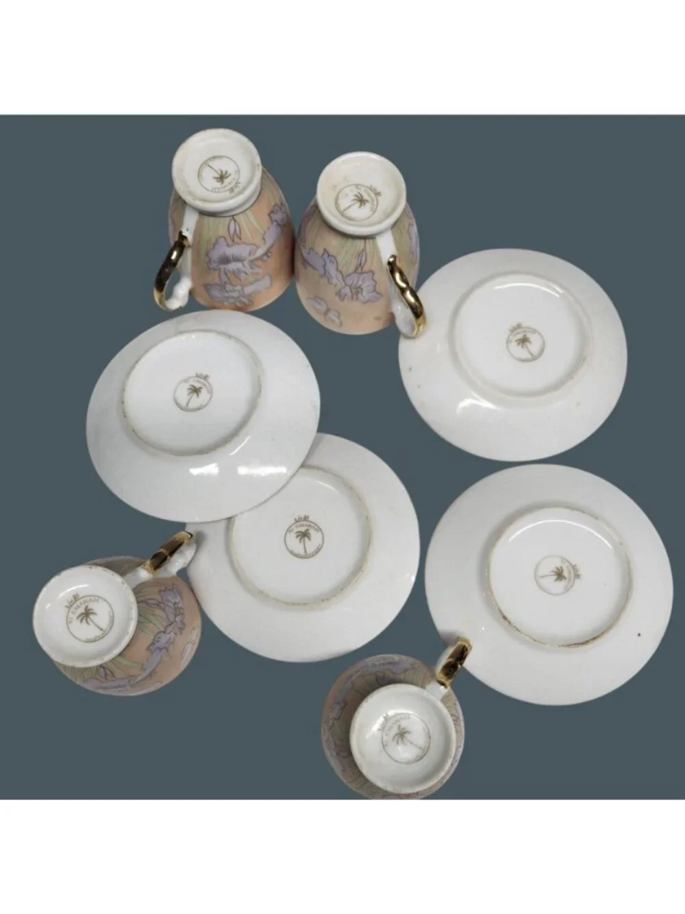 Demitasse Cups & Saucers Espresso Pink Purple Irises Butterflies 4 Sets